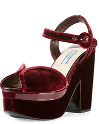 Prada Linea Rossa Patent Trim Velvet Platform Sandal Bordeaux