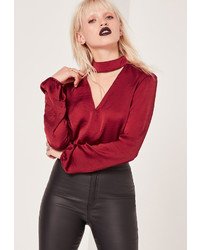 Missguided Hammered Satin Choker Neck Cropped Blouse Burgundy