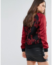 Goldie Drive By Embroidered Flower Bomber Jacket With Satin Sleeves