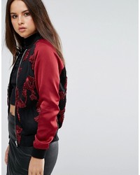 Goldie Drive By Embroidered Flower Bomber Jacket With Satin Sleeves