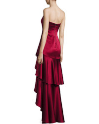 Alice + Olivia Strapless Tiered Asymmetric Satin Gown Bordeaux