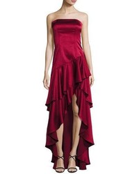 Alice + Olivia Strapless Tiered Asymmetric Satin Gown Bordeaux