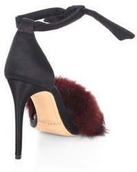 Alexandre Birman Clarita 100 Rabbit Fur Satin Ankle Strap Sandals