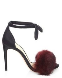 Alexandre Birman Clarita 100 Rabbit Fur Satin Ankle Strap Sandals