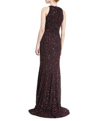 Theia Beaded High Neck High Low Gown Burgundynavy