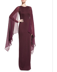 St. John Collection Cape Sleeve Sequined Knit Gown Plum