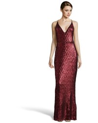 Hayden Red Sequined Mesh Plunging Neckline Evening Gown