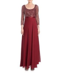 Kay Unger Sequined Three Quarter Sleeve Chiffon Gown
