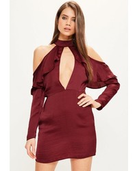 Missguided Burgundy Silky Frill Cold Shoulder Shift Dress