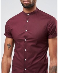 Asos Skinny Shirt With Grandad Collar In Burgundy