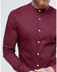 Asos Super Skinny Shirt In Burgundy With Grandad Collar