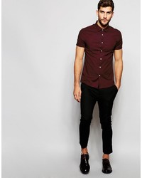 Asos Brand Skinny Oxford Shirt In Burgundy With Short Sleeves
