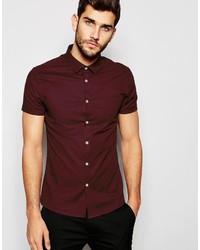 Asos Brand Skinny Oxford Shirt In Burgundy With Short Sleeves