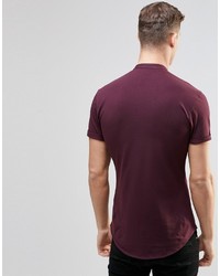 Asos Brand Skinny Shirt In Burgundy Jersey With Grandad Collar And Short Sleeves