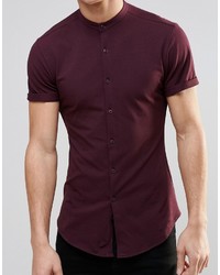 Asos Brand Skinny Shirt In Burgundy Jersey With Grandad Collar And Short Sleeves
