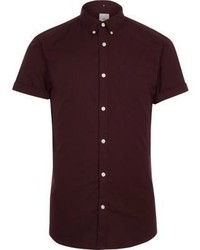 River Island Burgundy Muscle Fit Short Sleeve Oxford Shirt