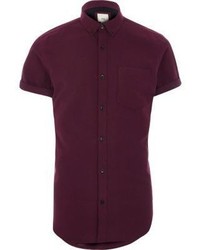 River Island Burgundy Short Sleeve Slim Fit Oxford Shirt