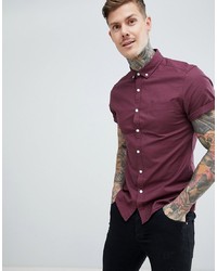 ASOS DESIGN Slim Oxford Shirt In Burgundy With Short Sleeves