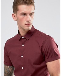 Asos Slim Shirt In Burgundy With Short Sleeves