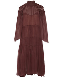 Chloé Ruffled Smocked Silk Georgette Dress Merlot