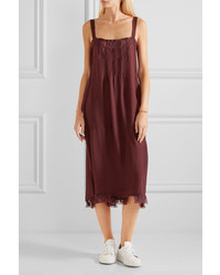The Great The Pintuck Lace Trimmed Silk Midi Dress Burgundy