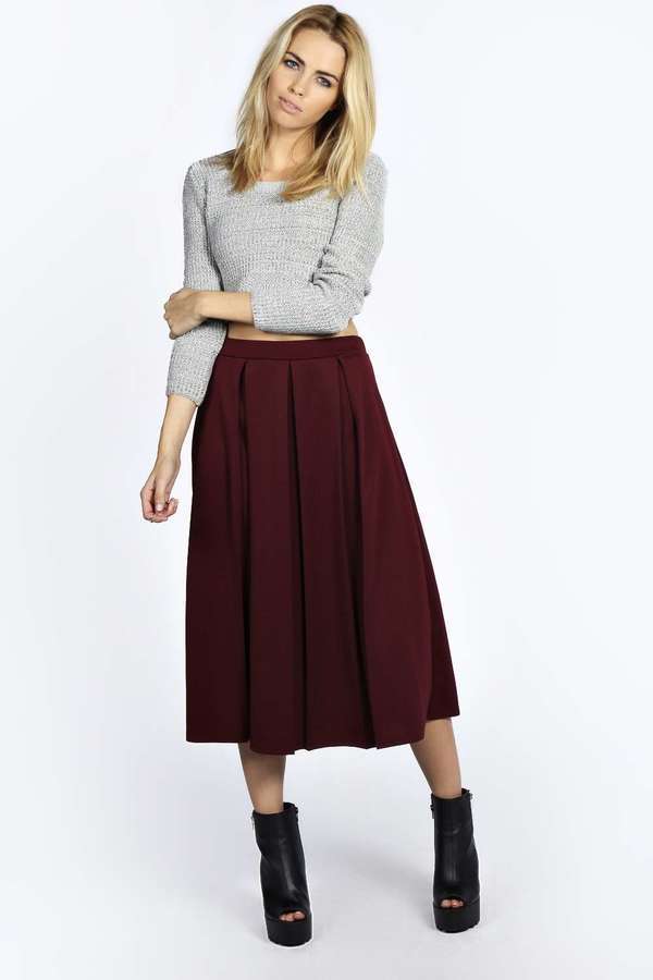 pleated midi skater skirt