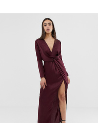 Missguided Satin Maxi Dress With Twist Front And Split In Burgundy
