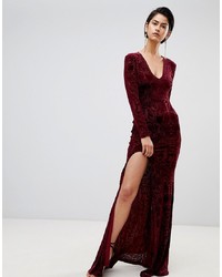 Burgundy Slit Velvet Evening Dress