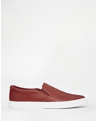 Asos Slip On Sneakers In Burgundy With Snakeskin Effect And Faux Suede
