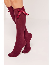 Missguided Knee High Bow Socks Burgundy