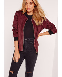 Missguided Contrast Rib Faux Suede Bomber Jacket Burgundy