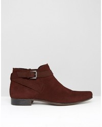 Asos Boots In Burgundy Suede Snake Effect With Strap Detail