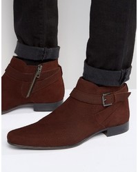 Asos Boots In Burgundy Suede Snake Effect With Strap Detail