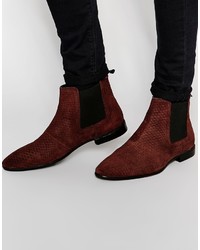 Asos Brand Chelsea Boots In Burgundy Suede With Snakeskin Effect