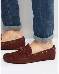 Asos Driving Shoes In Burgundy Suede With Tassel And Gold Clips
