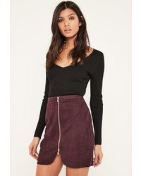 Missguided Purple Faux Suede Zip Through Curve Detail Mini Skirt