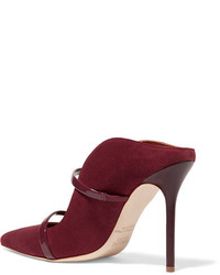 Malone Souliers Maureen Patent Leather Trimmed Suede Mules Burgundy