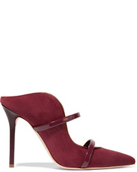 Malone Souliers Maureen Patent Leather Trimmed Suede Mules Burgundy