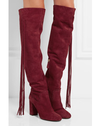 Aquazzura Tasseled Suede Over The Knee Boots Red