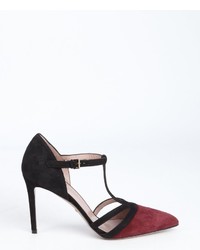 Gucci Burgundy And Black Pointed Toe T Strap Pumps