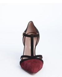 Gucci Burgundy And Black Pointed Toe T Strap Pumps