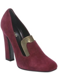 Gucci Burgundy Suede Plate Detail Heeled Loafers