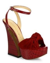 Charlotte Olympia Vreeland Knotted Suede Croc Embossed Leather Platform Sandals