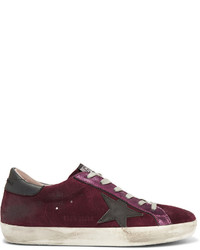 Golden Goose Deluxe Brand Super Star Distressed Metallic Leather Paneled Suede Sneakers Burgundy