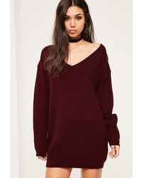 Missguided Burgundy V Neck Slouch Sweater Dress