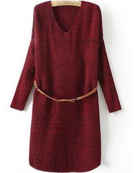 V Neck Long Sleeve Belt Wine Red Sweater Dress
