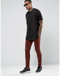 Asos Super Skinny Joggers With Knee Rips In Dark Red