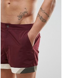 Asos Swim Shorts In Burgundy With Cut And Sew Detail In Short Length