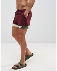 Asos Swim Shorts In Burgundy With Cut And Sew Detail In Short Length