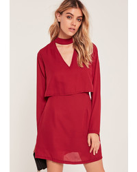 Missguided Choker Neck Double Layer Swing Dress Burgundy